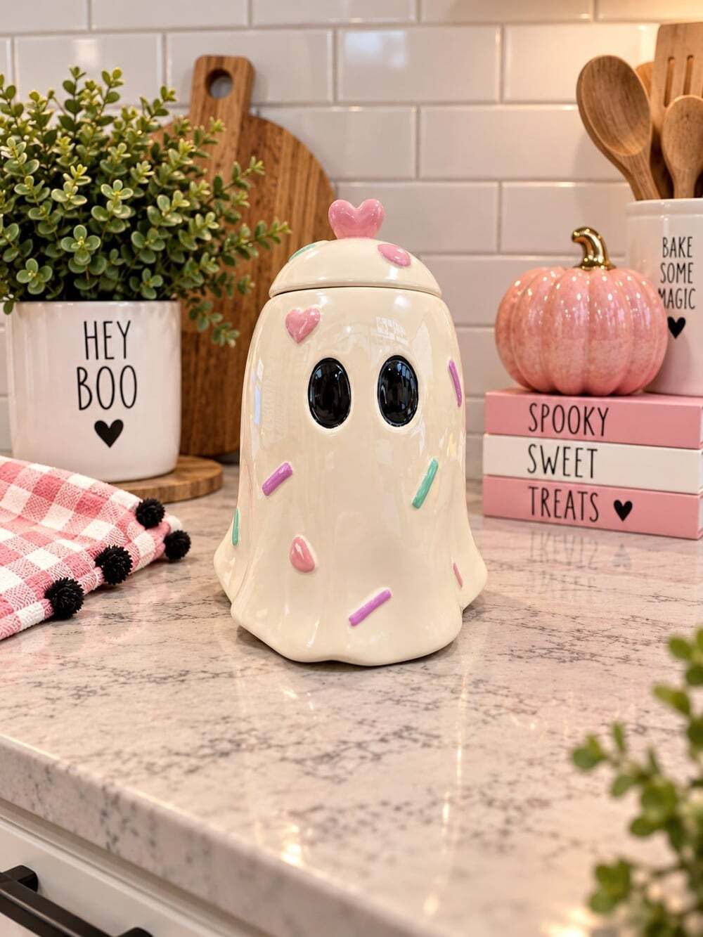 New Halloween Ghost Ceramic Opal Sprinkle Pastel Heart Lid Cookie Jar Decorative